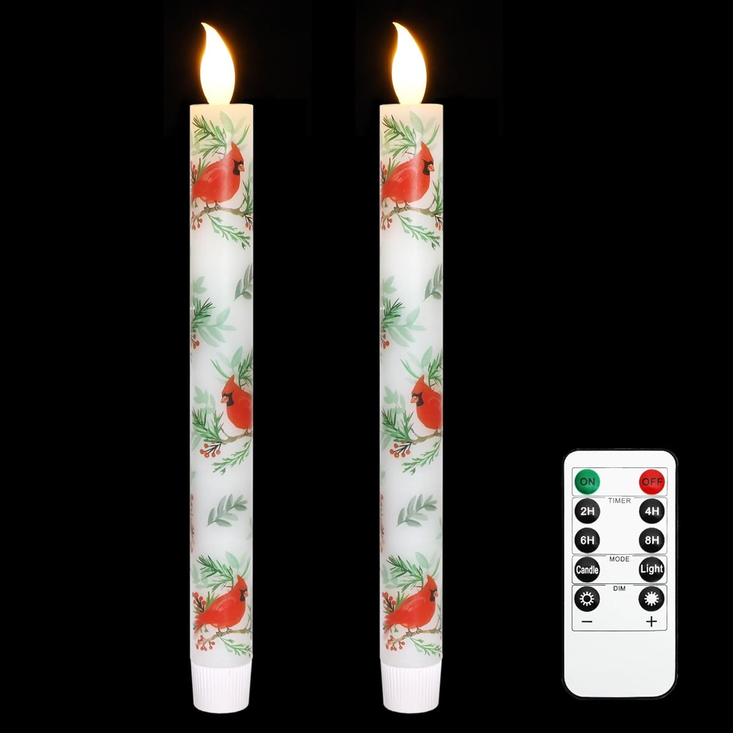 Cardinal Bird Flameless Taper Candles with Remote - Red Bird Theme LED Taper Candles for Home Xmas Holiday Party Christmas Decoration - 2PCS 9.5INCH