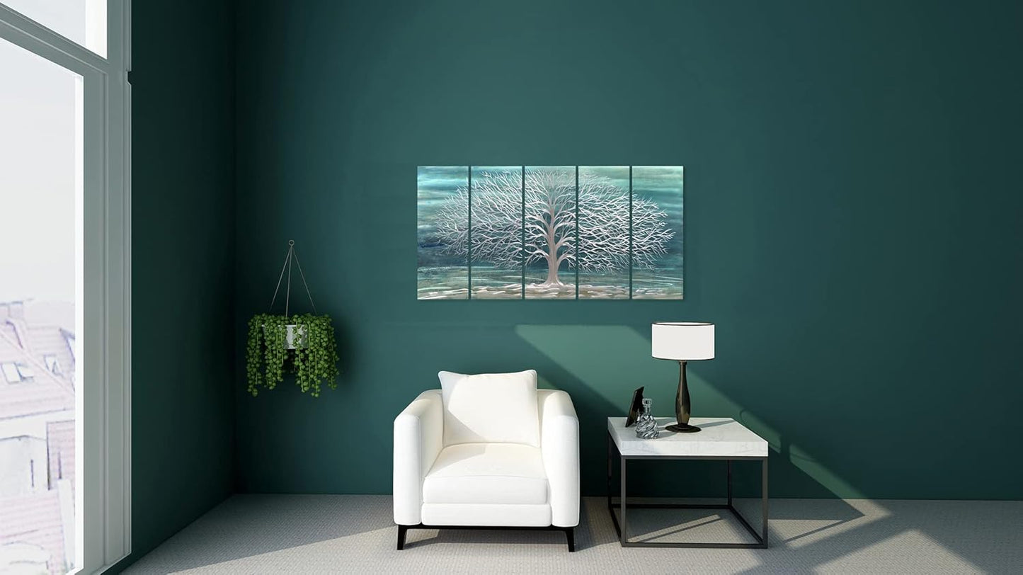 Yihui Arts Large Metal Wall Art Handcrafted Aesthetic Tree Pictures on Aluminum 5 Panels Teal and Silver Abstract Landscpae Artwork for Living Room Bedroom Dinning Decor