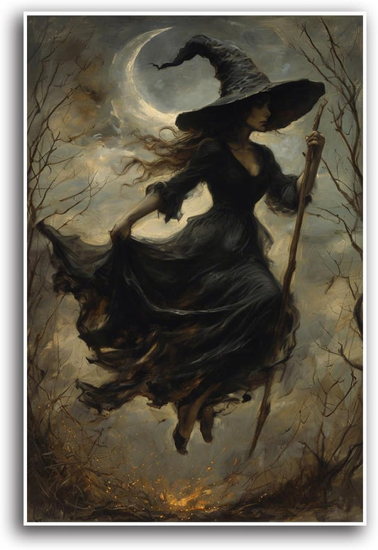 JFHCQJPK Witch in the Forest Halloween Print Wall Art Poster Witch Decor Vintage Print Dark College Wall Art Victorian Gothic Room Decor Canvas Wall Print12x16in Frameless