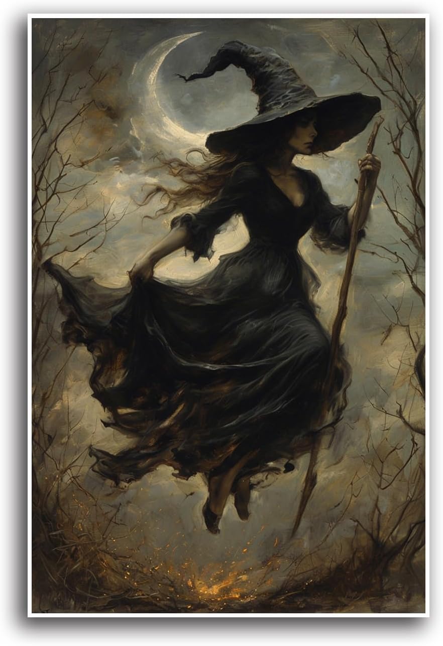 JFHCQJPK Witch in the Forest Halloween Print Wall Art Poster Witch Decor Vintage Print Dark College Wall Art Victorian Gothic Room Decor Canvas Wall Print8x12in Frameless