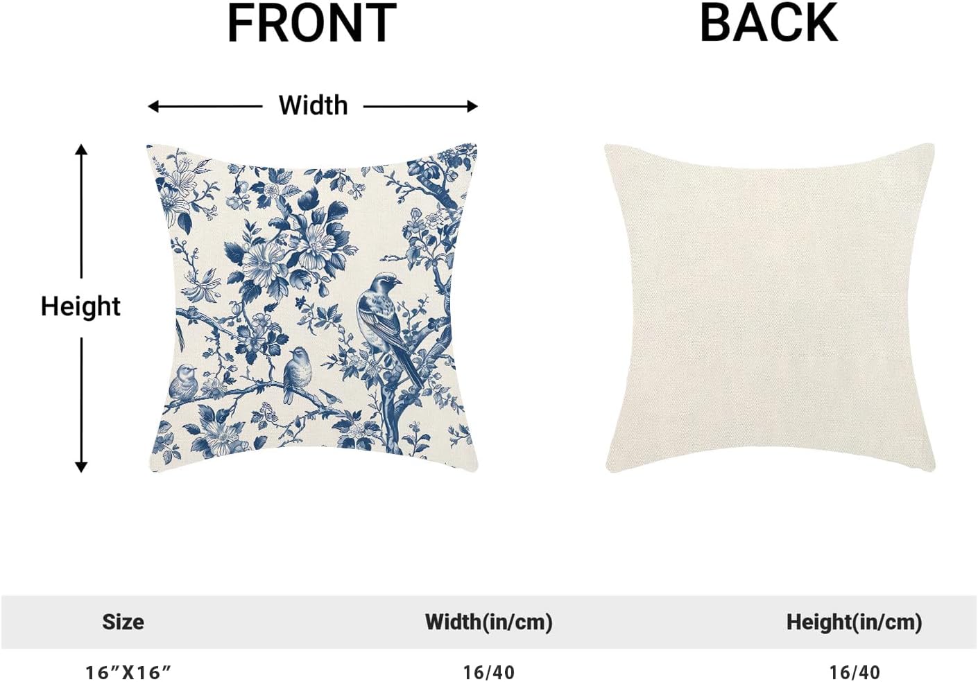 Navy Blue Spring Floral Pillow Covers 16 x 16 Inch Set of 2 for Vintage Chinoiserie Flowers Bird Decor Throw Pillows Plant Farmhouse Outdoor Decorative Cushion Cases for Couch Bed Decorations