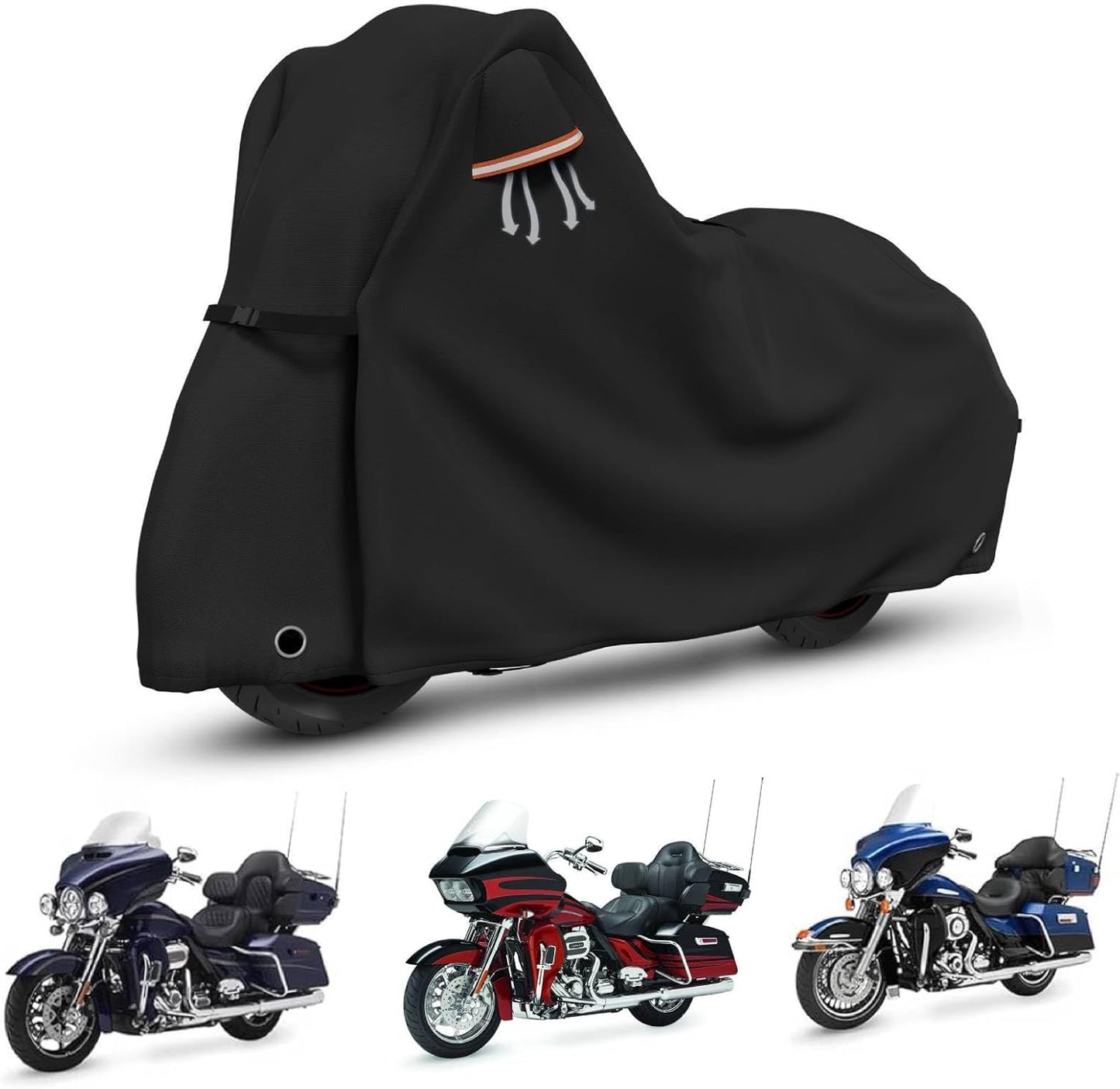 STARTWO Motorcycle Covers Waterproof Outdoor Storage for Harley Davidson Touring Models with Side+Top Box Ultra Limited,Road Glide Limited, Gold Wing,Road Master 110"x45"x59" Black