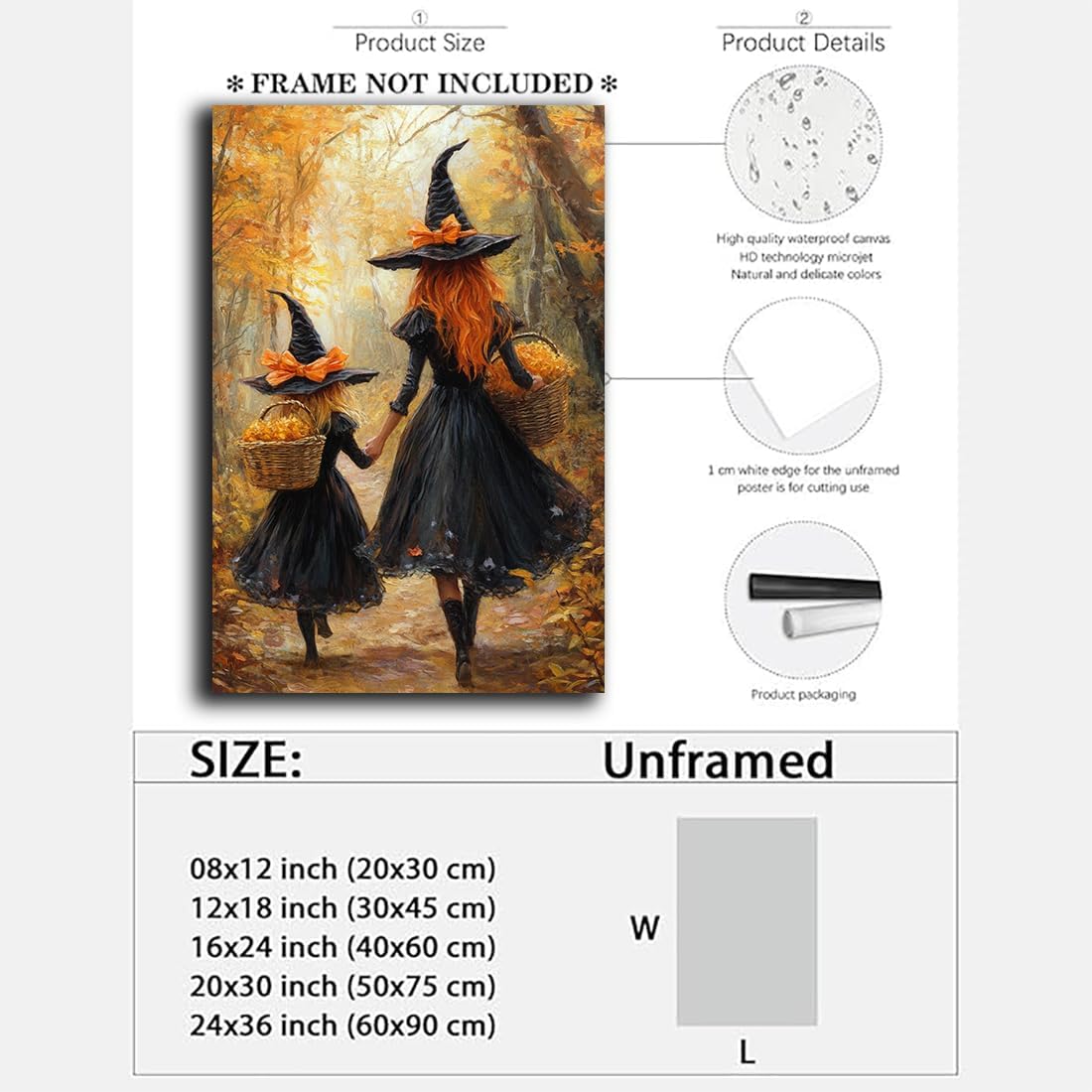 Mother Witch And Child Daughter Witch Wall Art,Halloween Autumn Woodland Forest Path Picture,Family Room Nursery Playroom Kids Room Decor,20"x30" Unframed