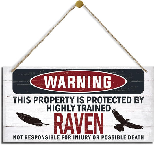 Warning Sign, Raven Warning Wood Plaque Sign, Funny Door Signs, Decorative Wood Hanging Suspension Plaque, Farmhouse Wooden Wall Decor, Outdoor Hanging Wooden Signs