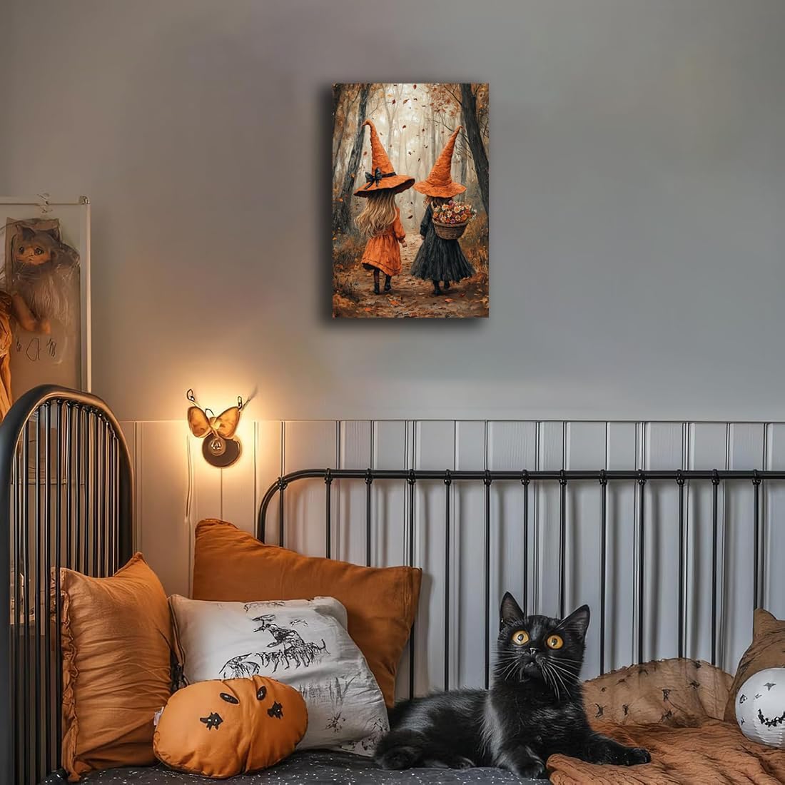 Fall Wall Art Witch Picture Decor,Little Girl Witch Halloween Wall Art, Vintage Autumn Whimsical Woodland Forest Picture, Family Room Nursery Playroom Children Room Decoration,16"x24" Framed