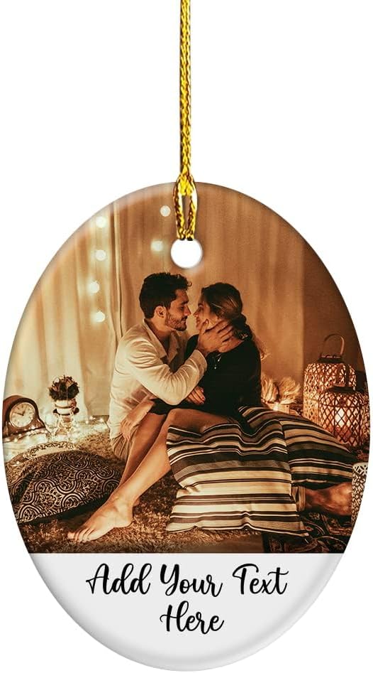 Custom Christmas Ornament with Photo Picture Personalized Oval Shaped Ceramic Ornament Pictures Photos Text Message Keepsake Decorations for Couple Family Friends Gifts Xmas Tree Decor Gift