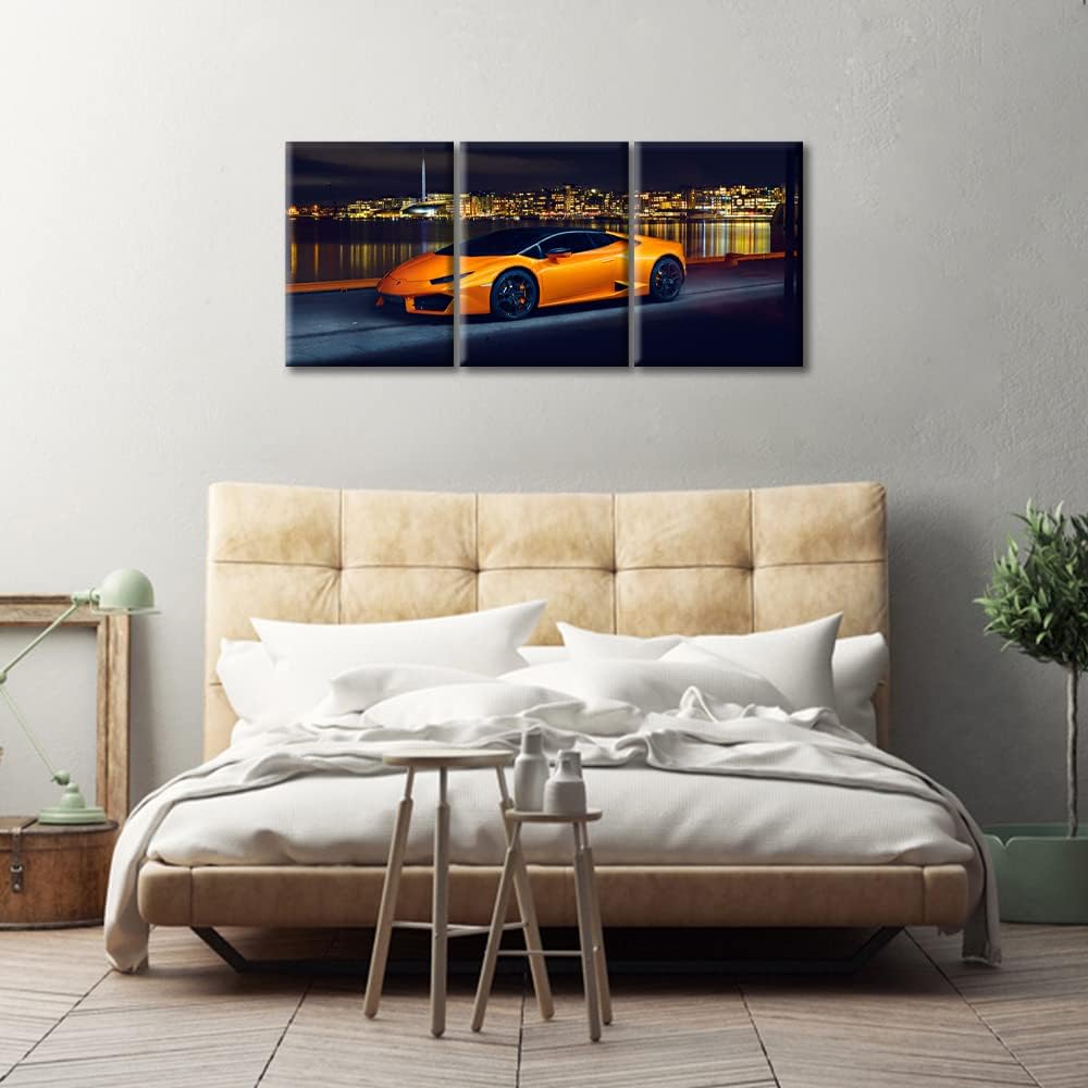 TUMOVO Canvas Art Wall Decor Orange Car Poster for Men Boys Bedroom Décor Wall Art Pictures for Living Room Sports Car Wall Painting Modern Wall Art Stretched and Framed Ready to Hang 36" Wx16 H