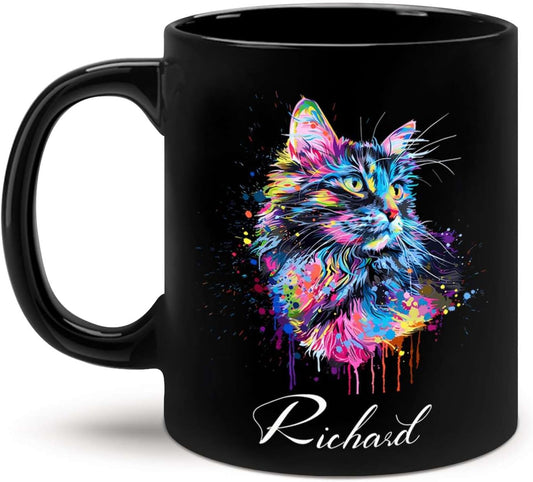 Customized Cat Ceramic Mug, Gift For Cat Pet Owner, Personalized Cat Lover Coffee Cup, Colorful Cat Design Mug For Birthday, Custom Name Cat Animal Black Cup, Unique Cat Mug 11oz 15oz