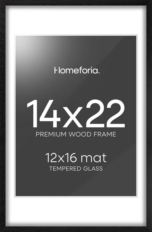Homeforia 14x22 Frame Black Wood, High End Oak 14x22 Picture Frames with Mat 12x16 Photo, 14 x 22 Wooden Poster Frame Matted to 12 by 16 Print, 22x14 Hanging Frames, Tempered Glass, Wall Kit, Set of 1