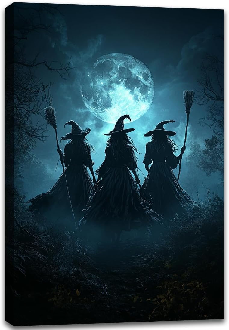 Moonlight Witches Halloween Canvas Art Picture,Three Witches on Broom in Forest Painting Print Gothic Decor,Halloween Witch Poster Witchy Room Aesthetic Bedroom Home Decorations,8"x12" Framed