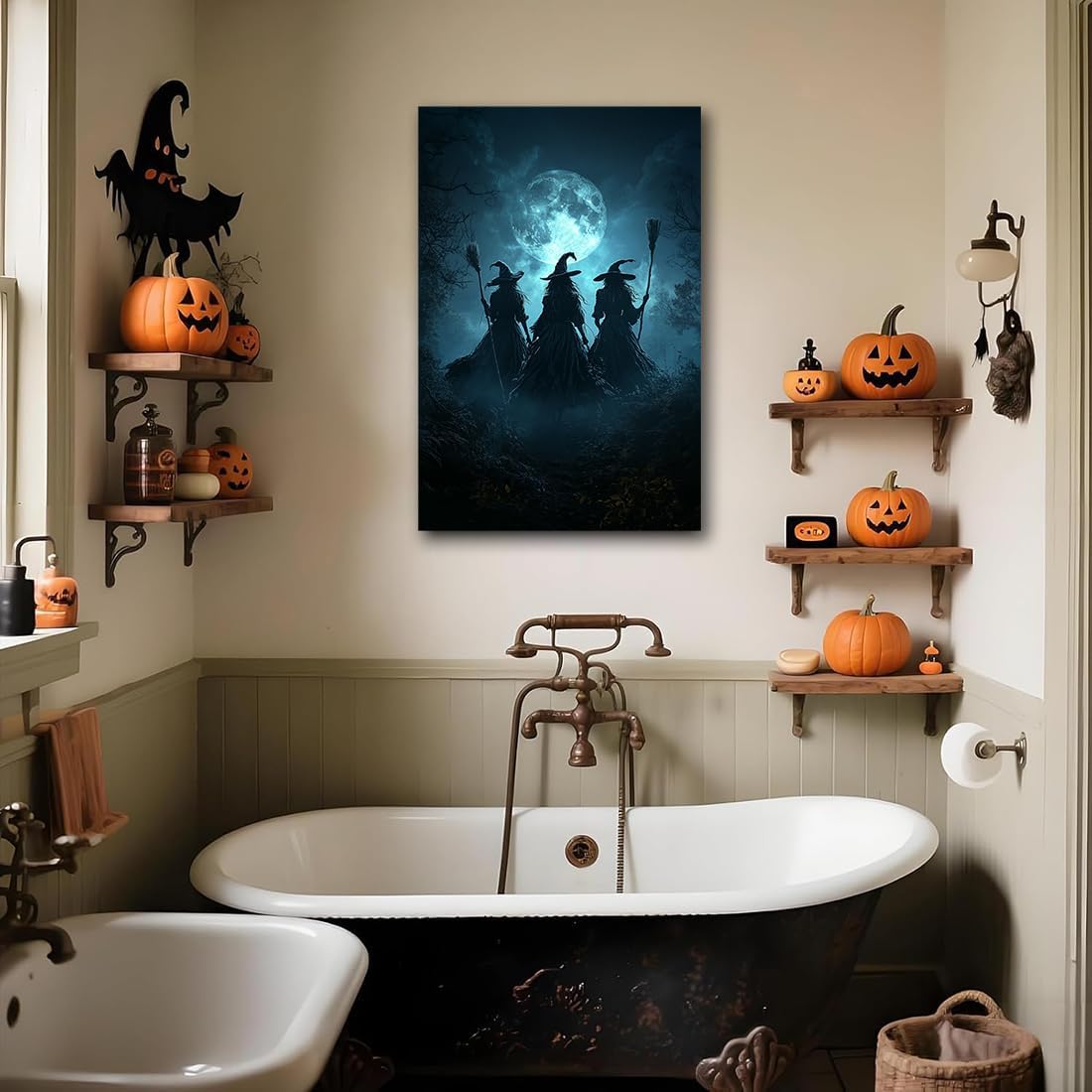 Moonlight Witches Halloween Canvas Art Picture,Three Witches on Broom in Forest Painting Print Gothic Decor,Halloween Witch Poster Witchy Room Aesthetic Bedroom Home Decorations,24"x36" Framed
