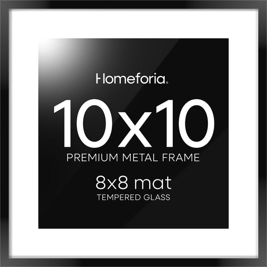 Homeforia 10x10 Black Picture Frame, High End Metal 10 by 10 Square Frames with Mat 8 x 8 Opening, 10by10 Poster Frames Matted to 8x8 Photo, Wall or Tabletop Frames, Tempered Glass, Wall Kit, Set of 1