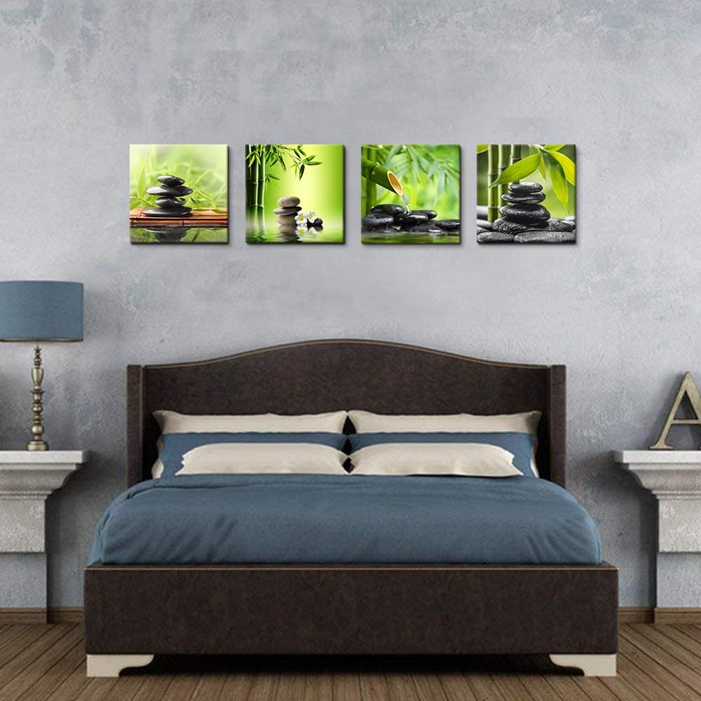 Bamdeya Bathroom Wall Decor Zen Canvas Prints Meditation Picture Painting Green Room Decor Bedroom Wall Art Living Room Yoga Spa Office Artwork Posters Prints Framed Home Decorations12x12x4pcs