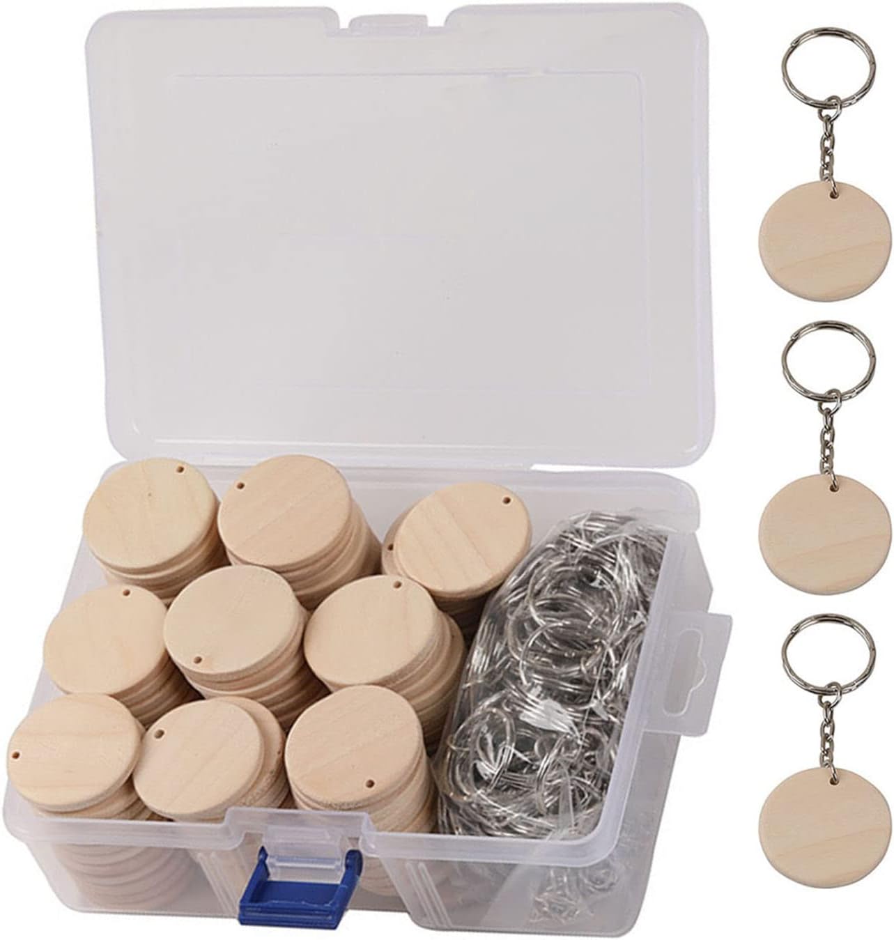 50Pcs Round Wood Circles with Keychain,Blank Round-Shaped Wooden Keychain Set with 50Pcs Wood Blanks,50 Pcs Keychain Rings with Chain,50Pcs Open Jump Rings for DIY Crafts Decorations Ornaments