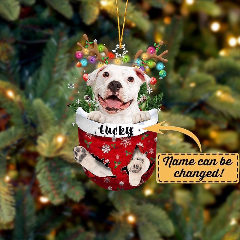 White Pitbulll Dog Christmas Ornament, White Pitbulll in Snow Pocket Christmas Tree Ornament, Dog Lovers Gift Idea Xmas Decor, Christmas Decorations for Tree, Christmas Ornament Gift for Dog Lovers