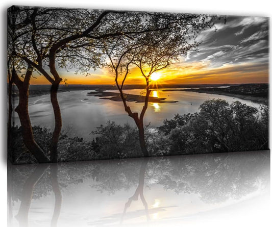 Bamdeya Black and White Canvas Wall Art Bedroom Lake Tree Print Art Forest Gold Sunset Poster Picture Natural Scenery Artwork Landscape Painting Living Room Wall Decor Modern Home Decor Framed