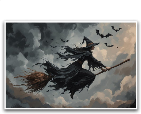 JFHCQJPK Witch and bat flying Halloween poster suitable for home party wall decoration retro Halloween preppy style wall art canvas print suitable for room decoration8x12in Frameless