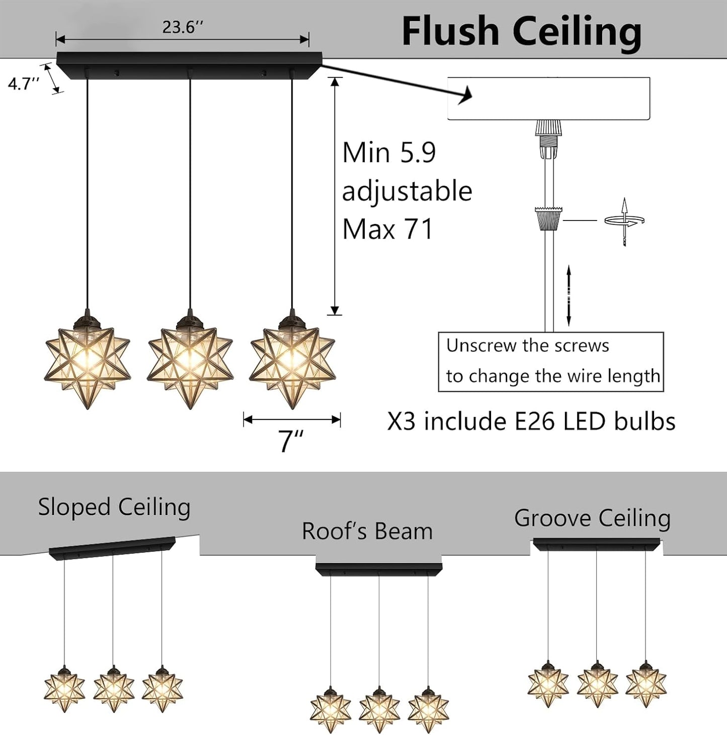 Farmhouse Modern Glam Chandelier Dining Room Clear Glass Star Pendants Light Fixture Kitchen Island LED Ceiling Hanging Lights Included Warm Light Bulbs Black