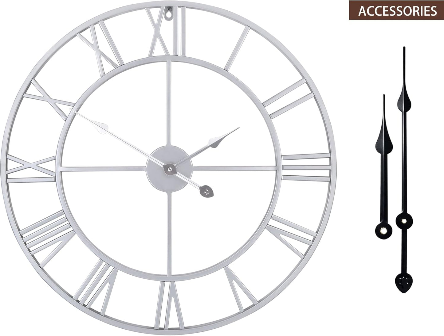 LEIKE 32" Large Modern Wall Clocks,Vintage,Round,Nearly Silent,Little Ticking,Battery Operated,Silver Metal Roman Numerals Clock for Living Room/Bedroom/Kitchen Wall Decor