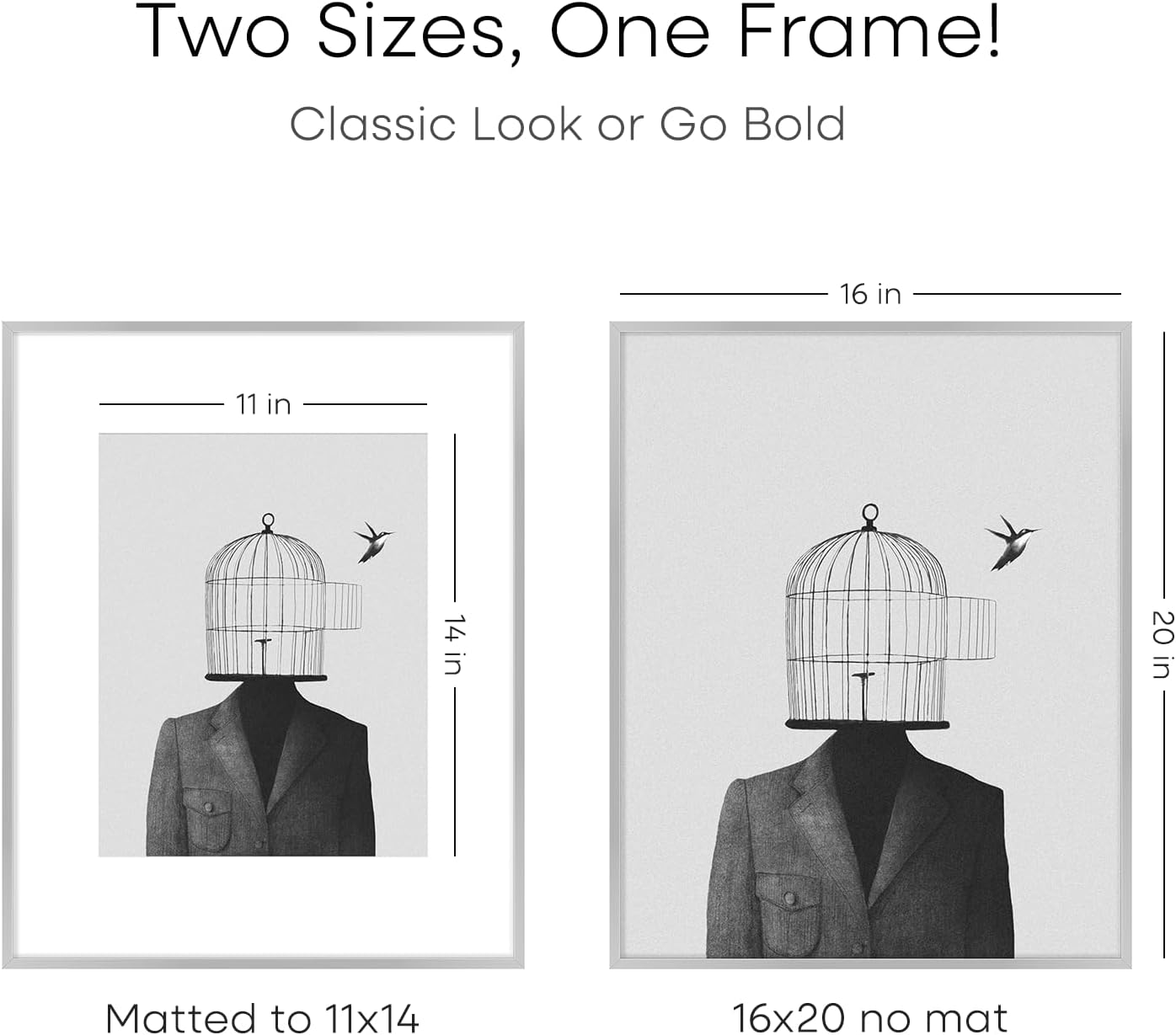 Homeforia 16 x 20 Picture Frame Silver, High End Metal 16 x 20 Frames with Mat 11 by 14 Photo, 16x20 Silver Poster Frame Matted to 11x14 Print, 20x16 Hanging Frames, Tempered Glass, Wall Kit, Set of 1