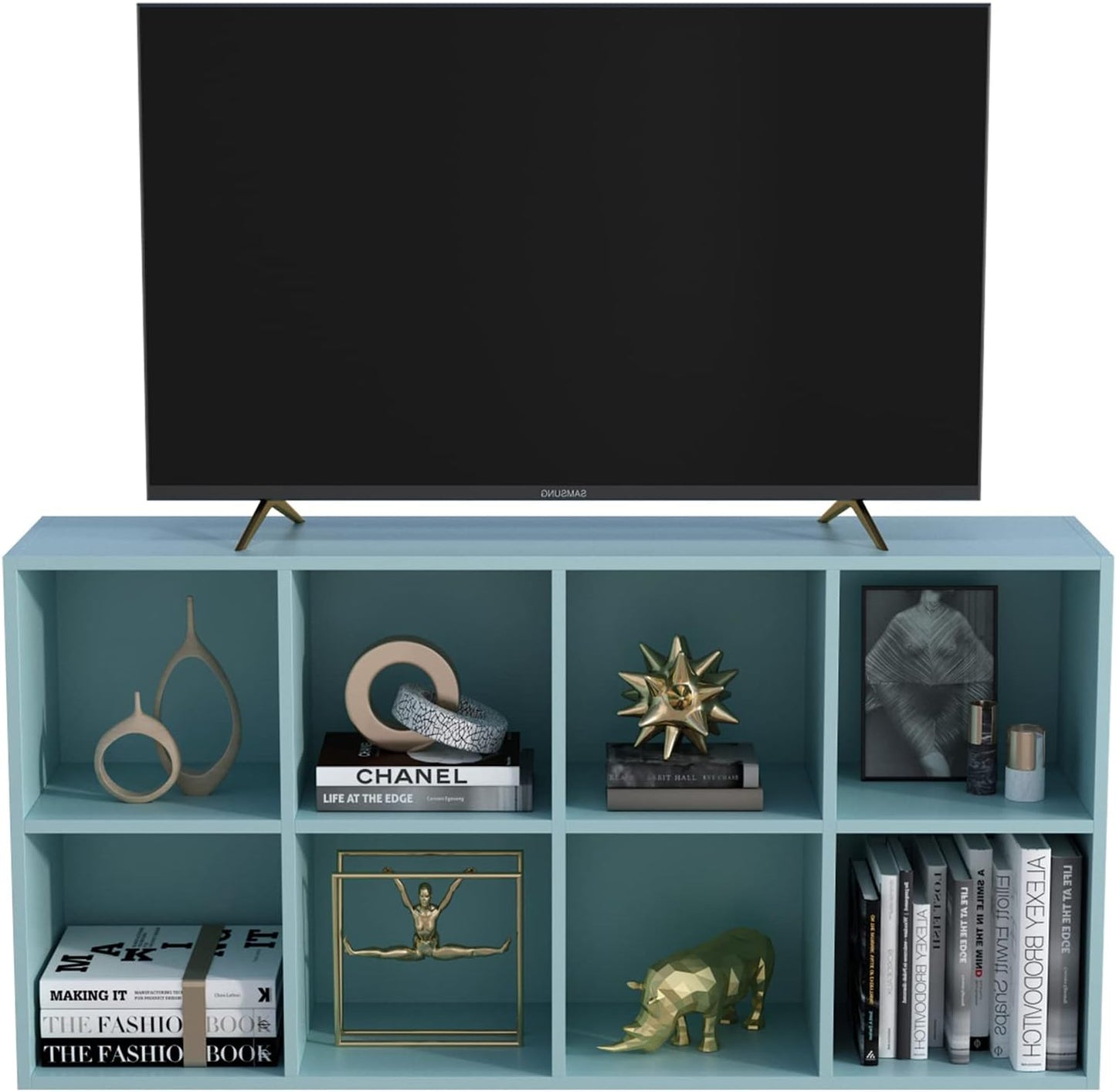 8-Cube Storage Shelf Bookcase - Wooden 4-Tier Floor Standing Open Bookshelf, Modern TV Stand up to 55 Inchs for Home and Office, Light Blue