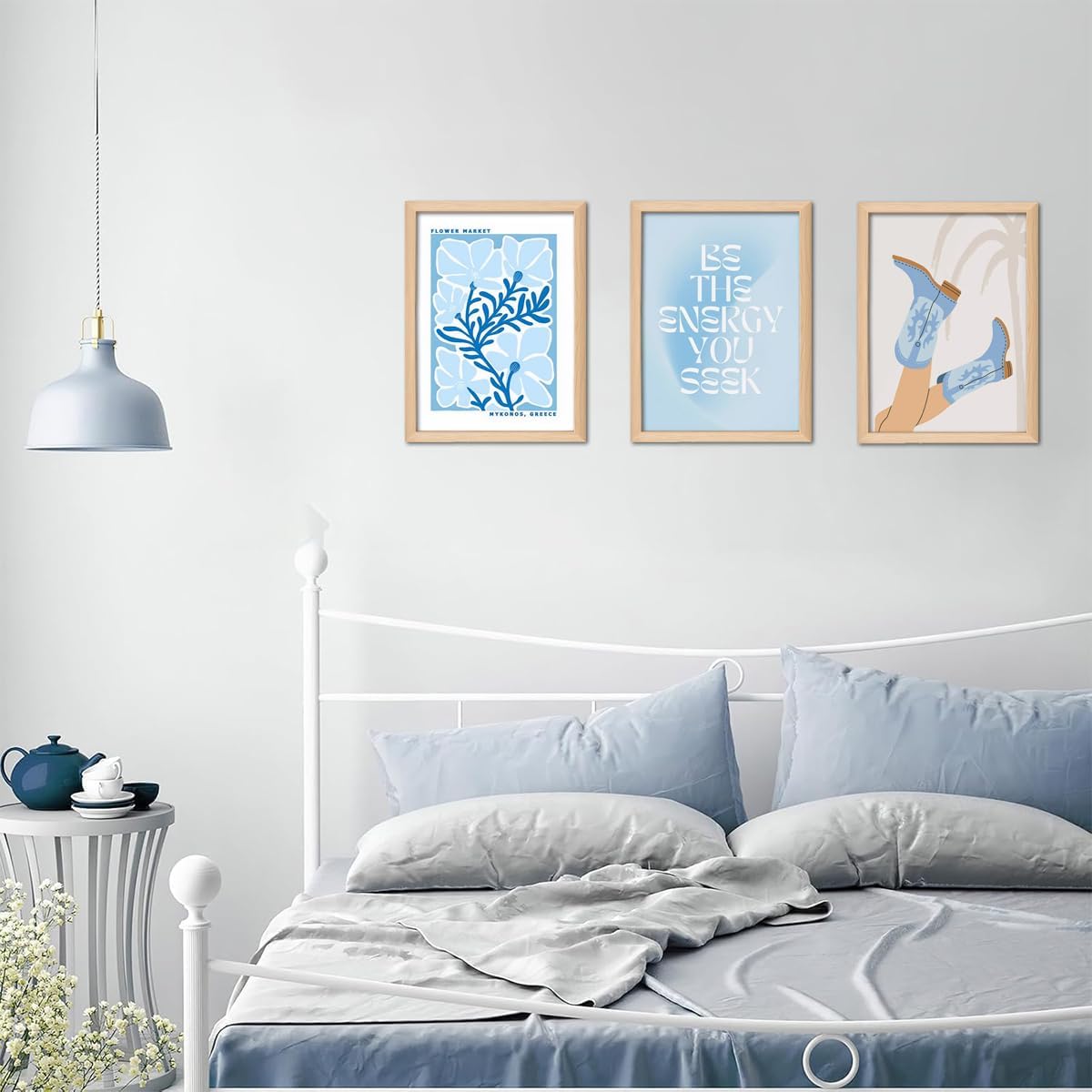 Blue Preppy Canvas Wall Art Set of 3 Trendy Cowgirl Boots Home Decor Flower Market Posters Prints Coastal Aesthetic Painting Picture for Girls Bedroom Bathroom Living Room Dorm 12x16Inch Wood Framed