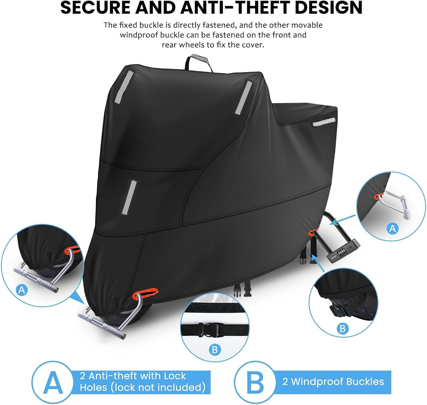 Moped Cover Waterproof Outdoor, Motorbike Scooter Cover Sun Rain Dust Protection with 5 Reflective Strips and 2 Fixed Buckles, 2 Lock-Holes for Motorcycles Cruisers Sportbikes (M: 79 x 35 x 39 inch)