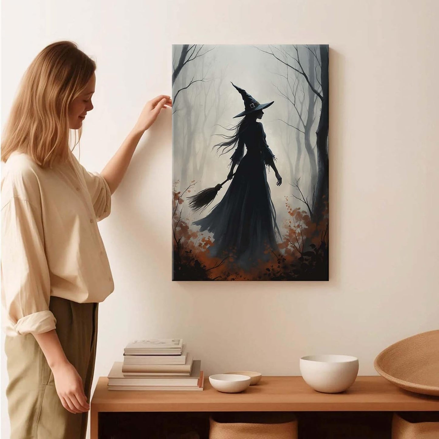 Vintage forest witch silhouette poster Halloween mural poster decoration mural art magic suitable for home living room bedroom20x30in Wood Framed