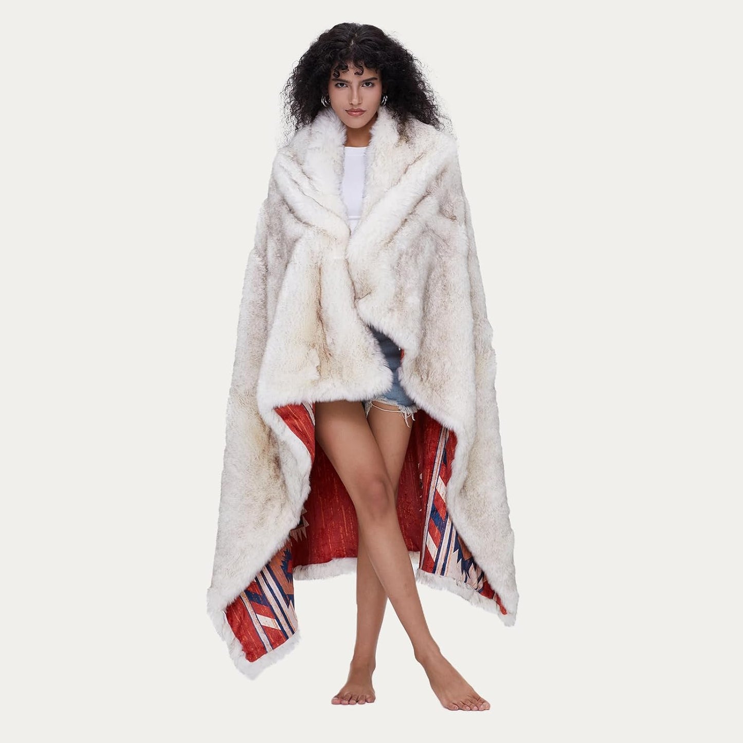 Luxury Plush Faux Fur Throw Blanket with Aztec Pattern, Super Warm, Fuzzy, Elegant, Fluffy Decoration Blanket for Couch, Armchair, Sofa and Bed, 60''x 80'', Red