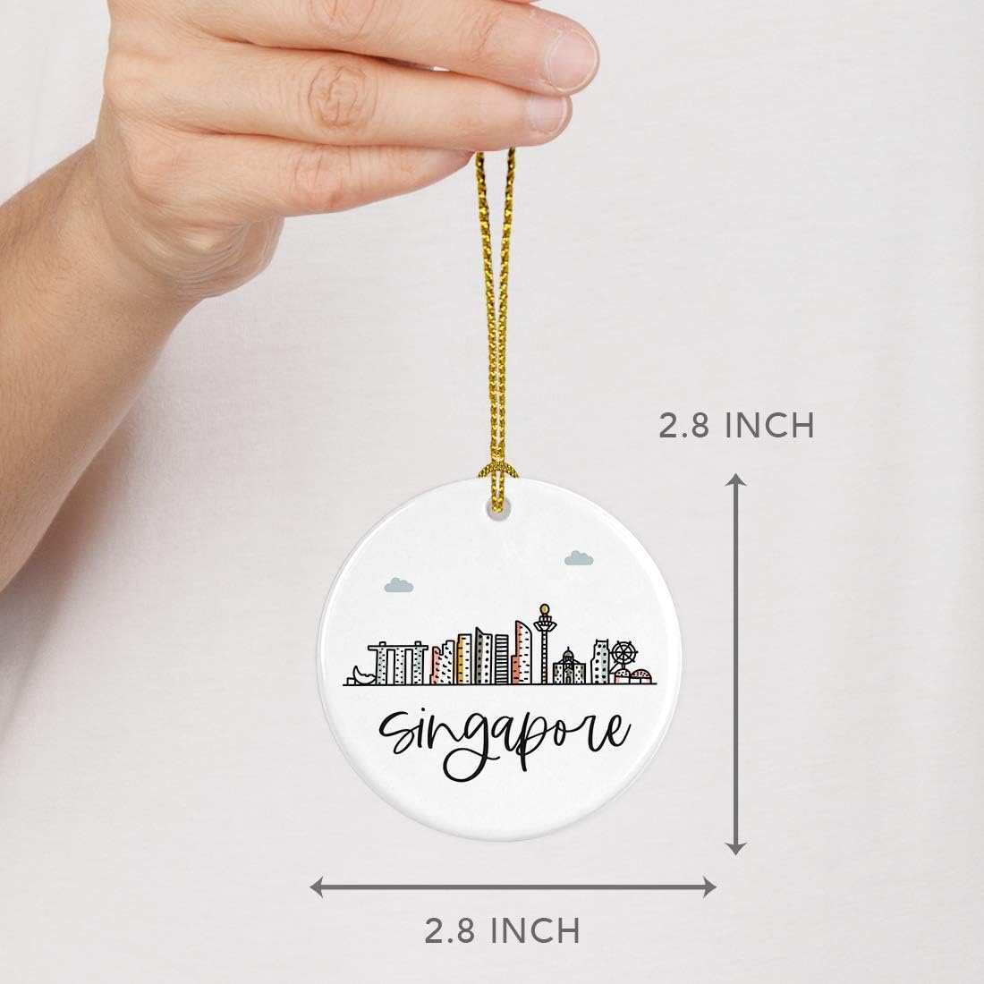 Andaz Press Round Ceramic Porcelain Christmas Tree Ornament Keepsake Gift, Singapore, Colorful International City Skyline Graphic, 1-Pack, Birthday Ideas Family Coworker Him Her, Gift Box