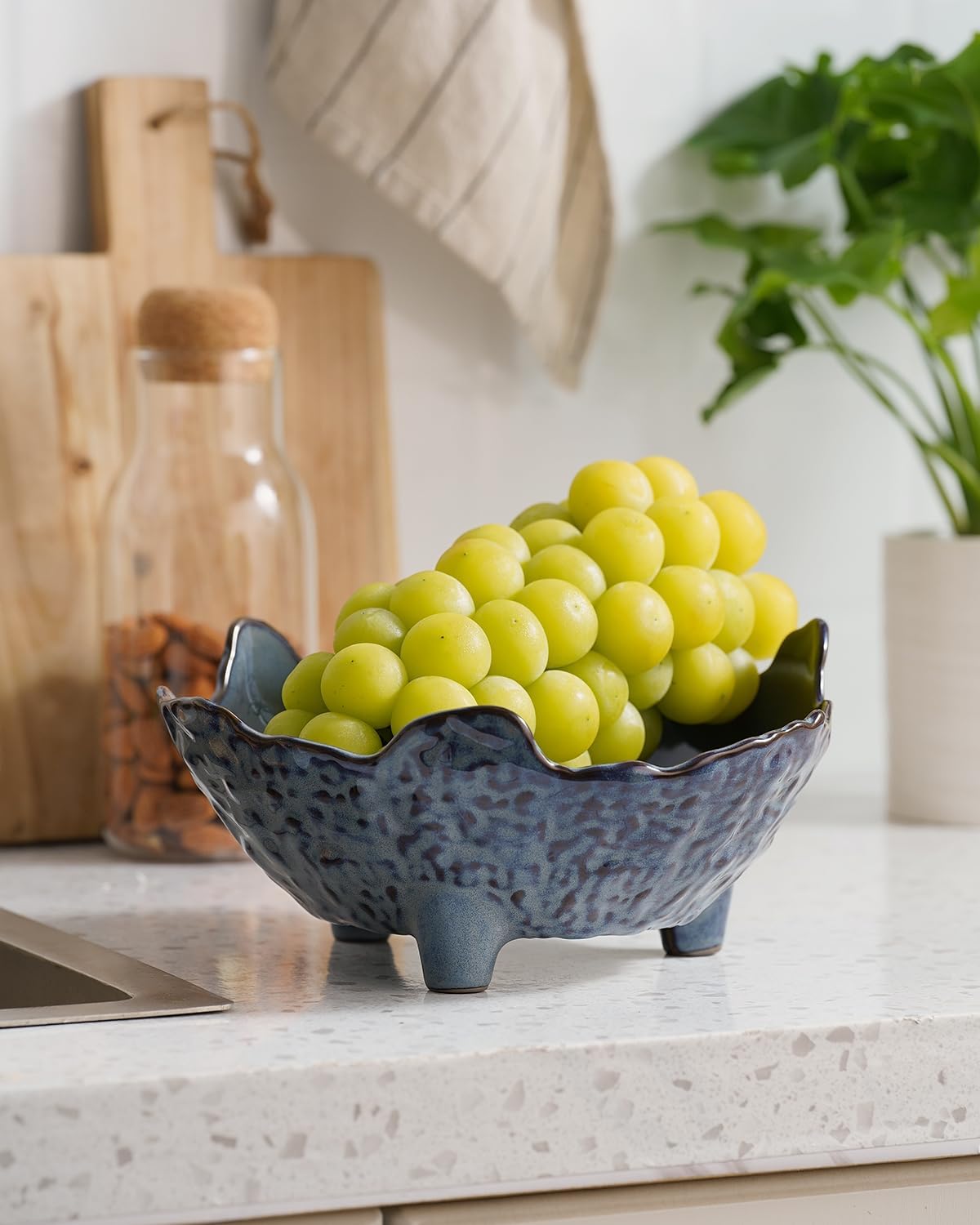 Fruit Bowl, Porcelain Oval Bowl for Kitchen Counter Large Decorative Bowl for Home Decor Centerpiece Bowl for Fruit, Vegetable, Breads, Nuts, Blue
