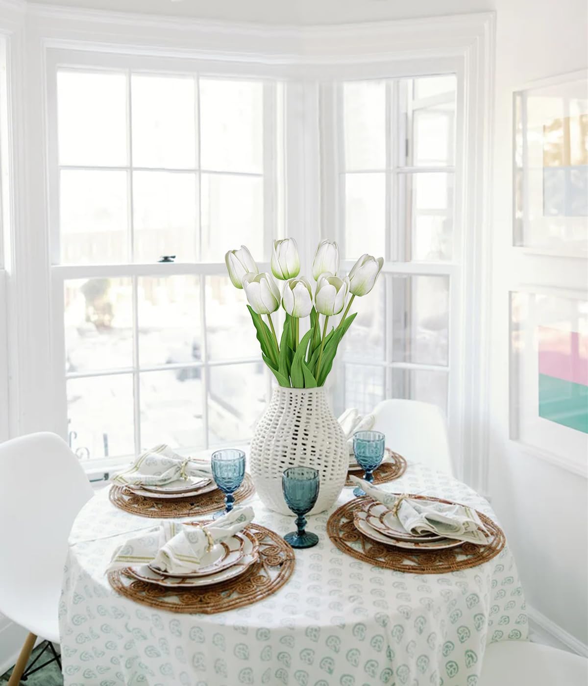 Artificial Tulips Flowers – 24" Long Stem Faux Tulips, 7PCS Real Touch Fake White Tulip for Vase, Farmhouse, Kitchen, Spring & Wedding Home Decor