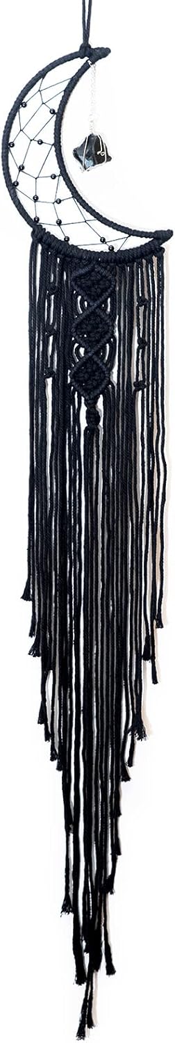 MOONFLY Black Moon Dream Catcher with Handmade Crystal Stone Design Woven Cotton Dream Catchers Boho Macrame Wall Hanging Home Decoration Ornament Craft Gift (Black Crystal Stone Moon)