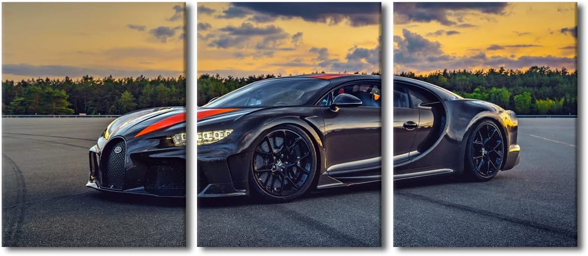 Black Sports Car Canvas Wall Art for Living Room Super Car Modern Abstract Painting Hypercar at Sunset Picture for Men Boys Bedroom 3 Pieces Office Home Wall Decorations Frame Wall Decor, 36"Wx16"H