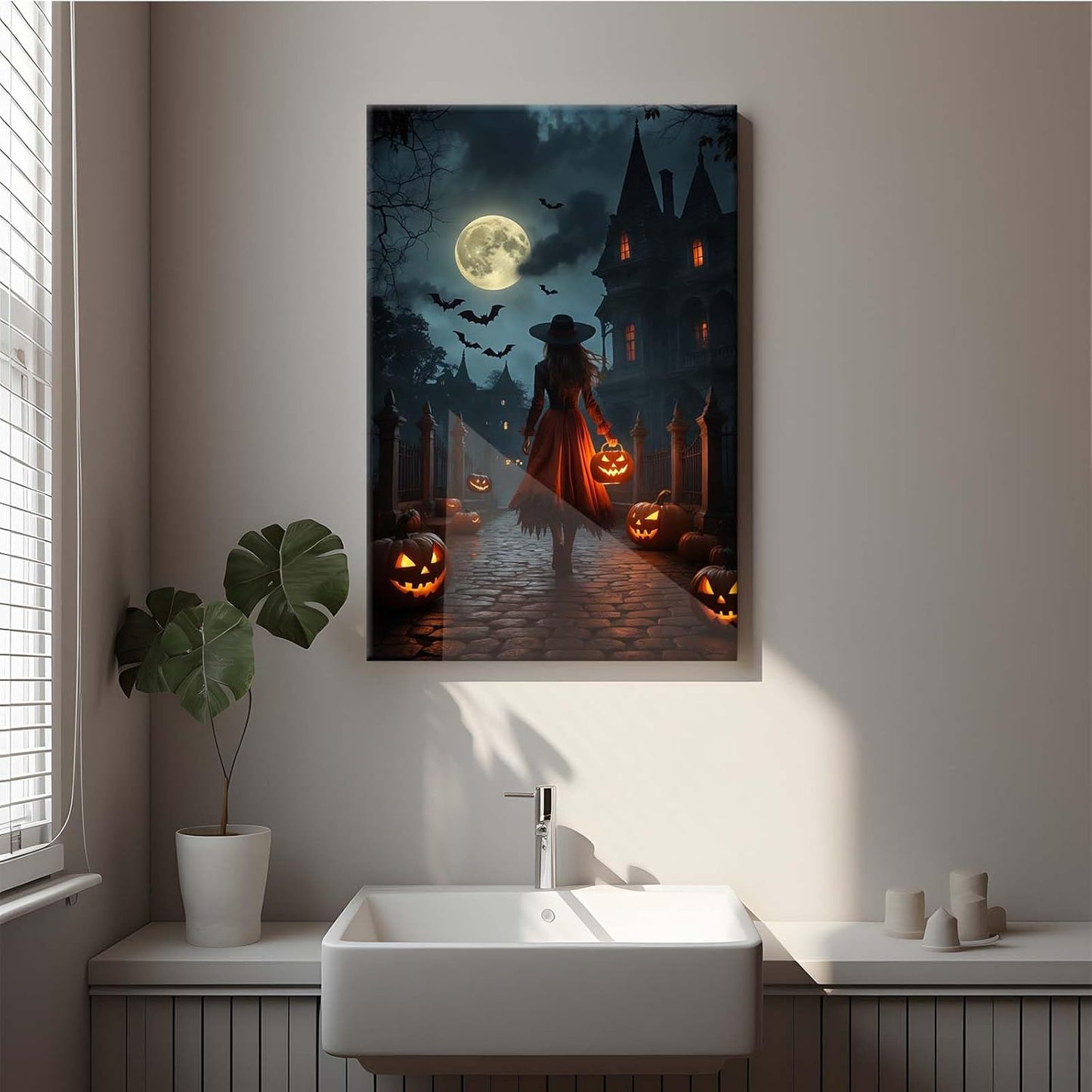JFHCQJPK Halloween theme poster moonlit autumn night witch vintage poster art print dark college style gothic painting canvas wall decoration bedroom living room ideal gift12x16in Frameless