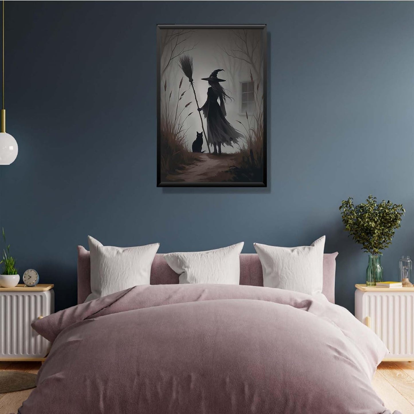JFHCQJPK Vintage forest witch and black cat poster Halloween mural poster decoration mural art magic suitable for home living room bedroom16x24in Metal blackFramed
