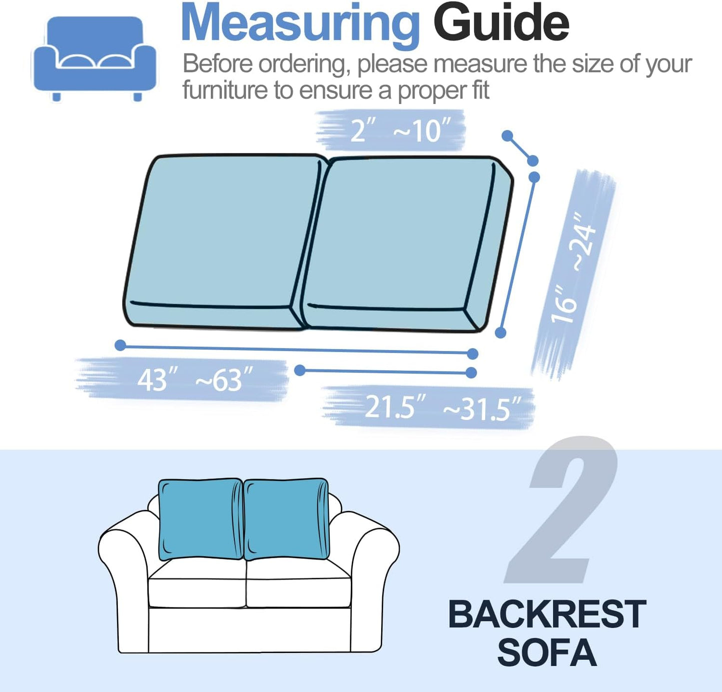Large Backrest Cushion Covers Super Stretch Backrest Covers for 2 Cushion Couch Sofa, Couch Back Cushion Covers Featuring with Chenille Yarn (Softer Version, 2PC, Blue)