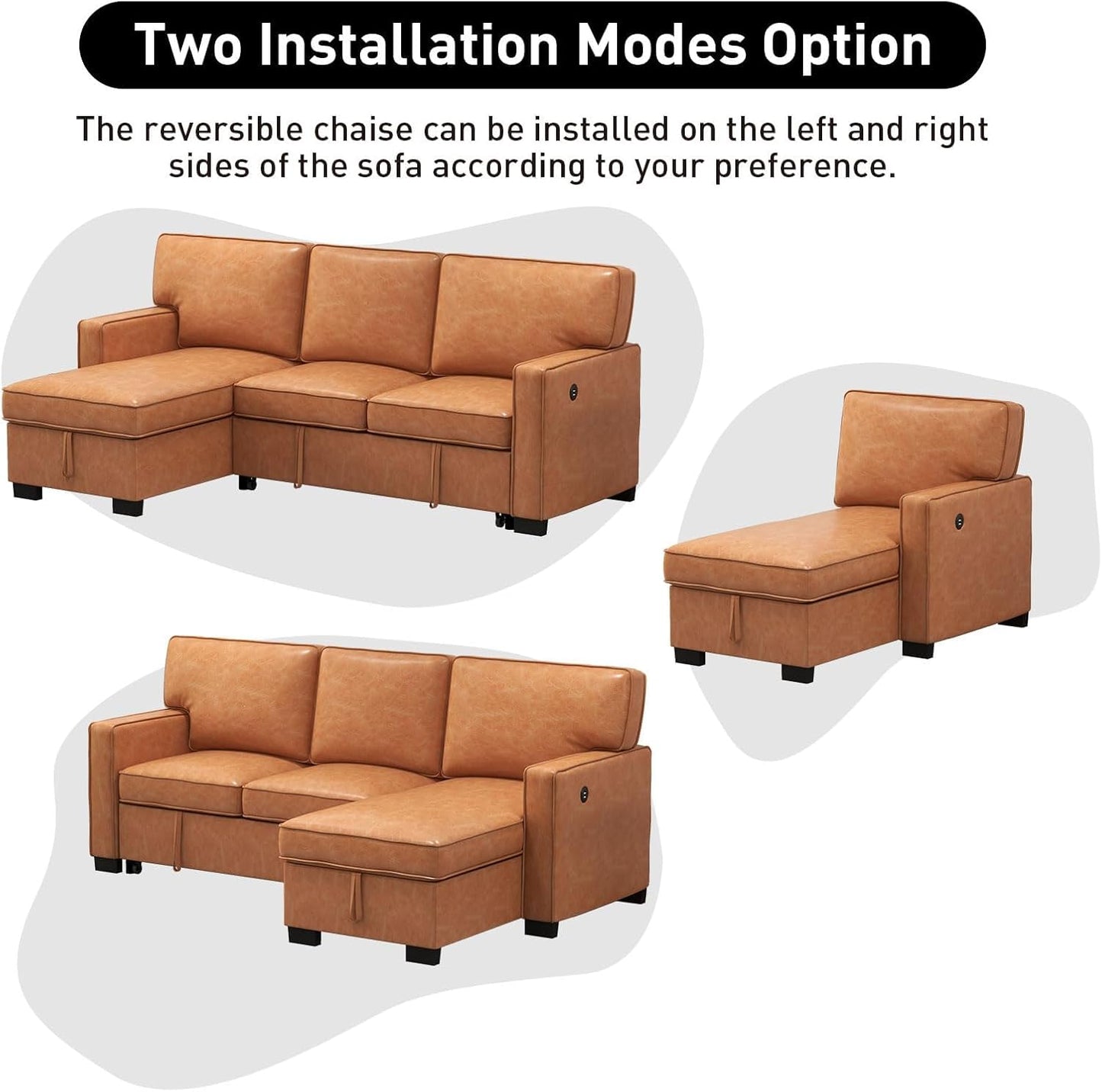 EBELLO Convertible Sleeper Sofa 3 in 1, Faux Leather Modern L-Shaped Couches for Living Room, Pull Out Sectional Futon Sofa Bed with Storage Space, USB Ports and Cup Holders for Bedroom, Brown