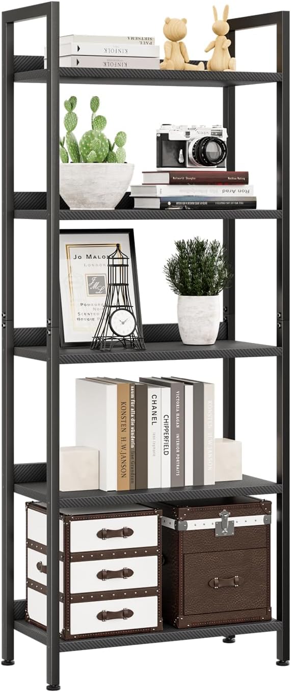NUMENN Bookshelf, 5 Tier Bookshelves, Home Office Bookcase Shelf Storage Organizer, Free Standing Storage Shelving Unit for Bedroom, Living Room and Home Office, Carbon Fibre