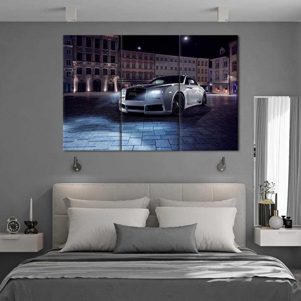 TUMOVO 3 Pieces Wall Art Cityscape and White Supercar Painting Pictures Print On Canvas Car The Picture for Home Modern Decoration Stretched by Wooden Frame Ready to Hang - 40 x 20inch x 3 Panels