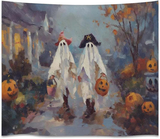 Funny Halloween Ghost Tapestry Wall Hanging Cute Kids Nursery Room Decor Trick or Treat Art Print Goth Fall Pumpkin Ghost Tapestries for Living Room Bedroom wall Decor 50x60inch