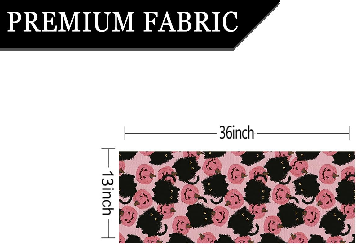 Halloween Table Runner Black Cat Pink Pumpkins Seasonal Kitchen Dining Table Home Outdoor Party Decorations 13x36 Inch