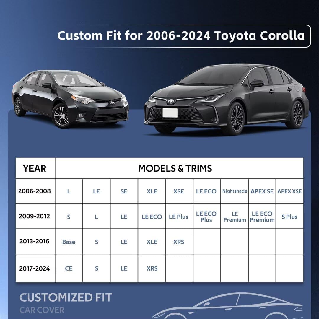 10 Layers Car Cover Custom Fit for Toyota Corolla Sedan (1996-2024) Waterproof All Weather for Automobiles, Outdoor Full Cover Sun UV Rain Protection.Black