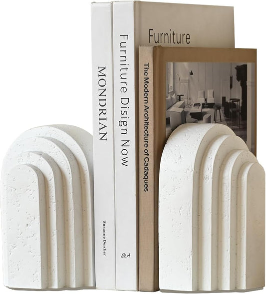 Decorative Bookends for Shelves, Set of 2 Book Ends for Heavy Books, Layered Arch Design White Bookend