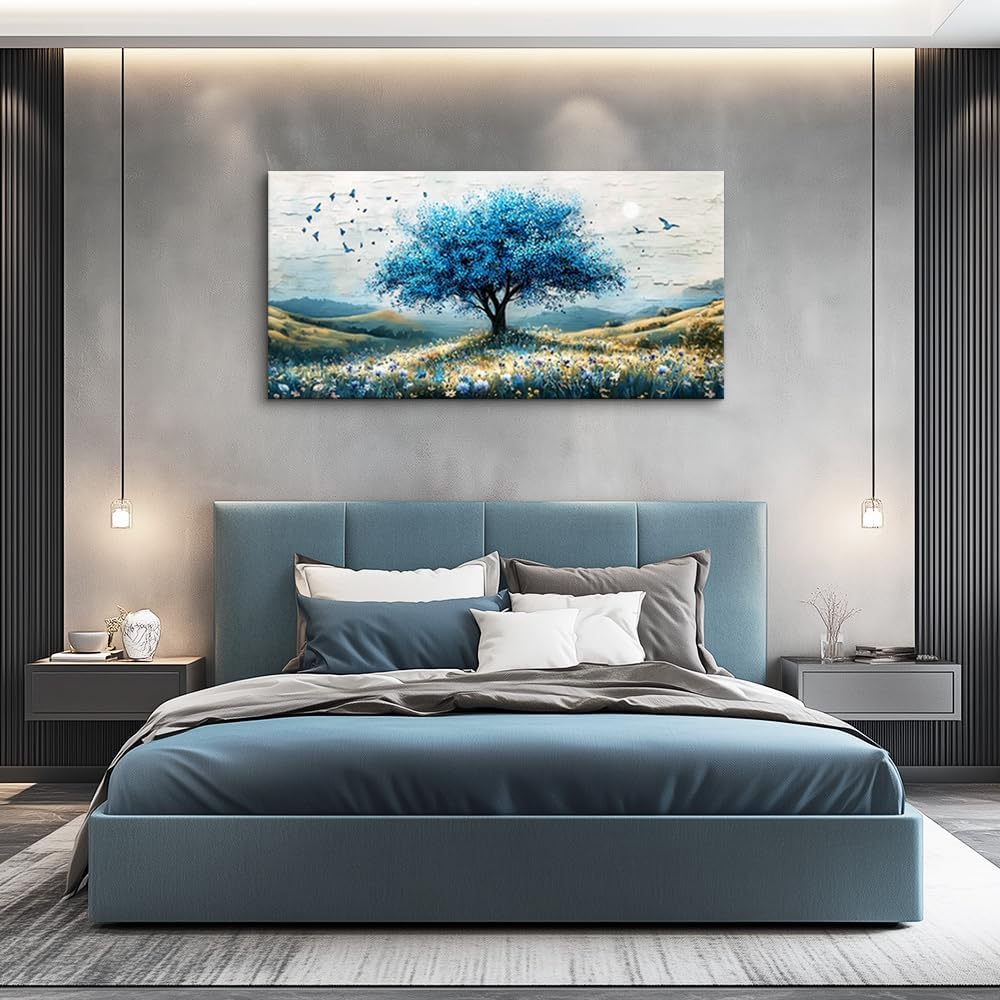 ZUITINGHUA Canvas Wall Art For Living Room Wall Decor For Bedroom Office Wall Decoration The Blue Tree Landscape Painting Farmhouse Pictures Artwork Room Aesthetic Home Decor 20x40 In