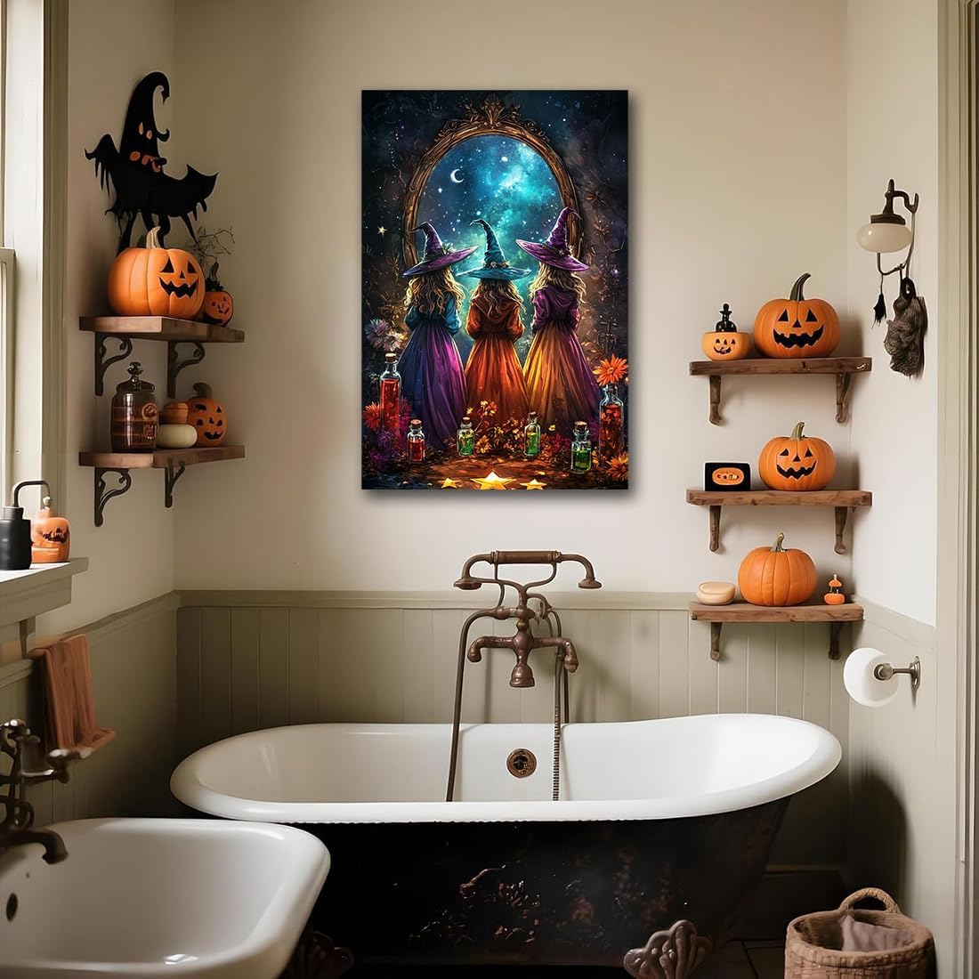 Witch Poster Halloween Fall Wall Art Decor,Three Witches with Magic Potion Mirror Colorful Vintage Print,Dark Academia Spooky Canvas Art Prints for Home Living Room,24"x36" Framed