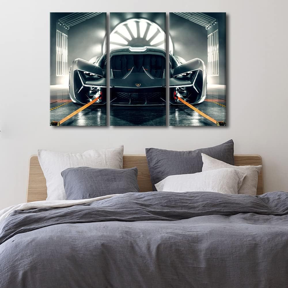 TUMOVO Sports Car in the Garage Canvas Wall Art for Living Room Super Car 3 Pieces Modern Abstract Painting Car Poster Picture for Boys Bedroom Office Home Wall Decorations Frame Wall Decor 36"Wx24"H