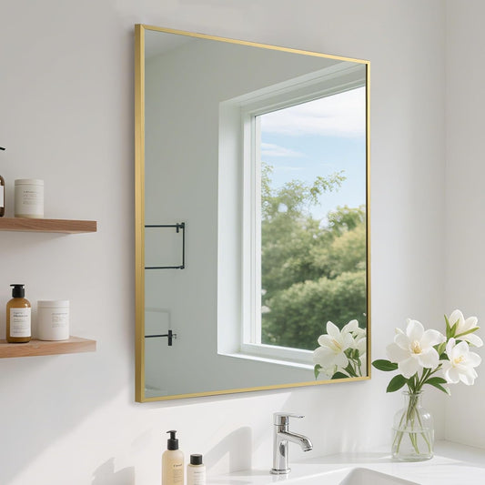 FARMER 30x36 Inch Gold Bathroom Mirror, Rectangle Wall Mounted Mirror, Vanity Mirror, Brushed Square Mirror, Framed Bathroom Mirror for Bedrooms, Entryways, Living Rooms, Horizontal/Vertical