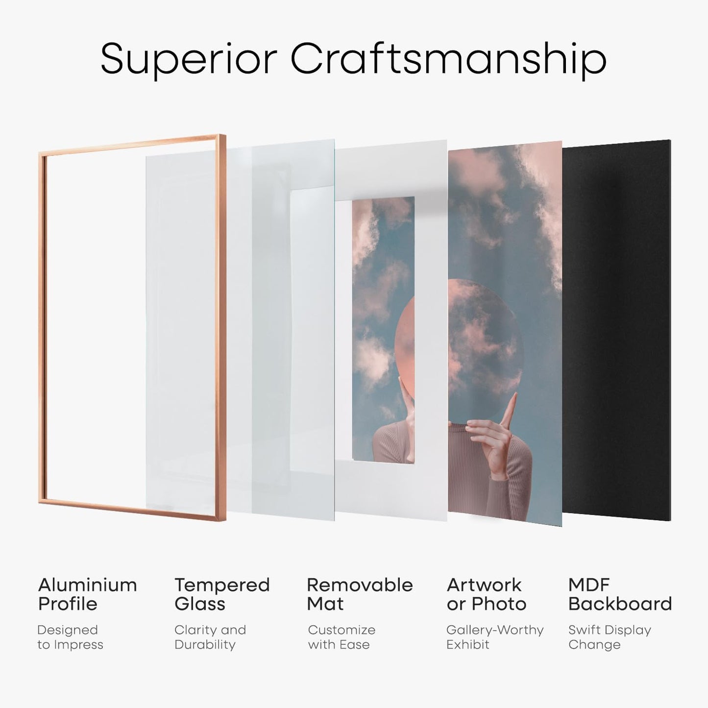 Homeforia Rose Gold 6x8 Picture Frame, High End Metal 6 x 8 Frames with Mat 5 x 7 for Print, 6by8 Desk Frame Matted to 5x7 inch Photo, 6 by 8 Wall or Tabletop Frame, Tempered Glass, Wall Kit, Set of 1