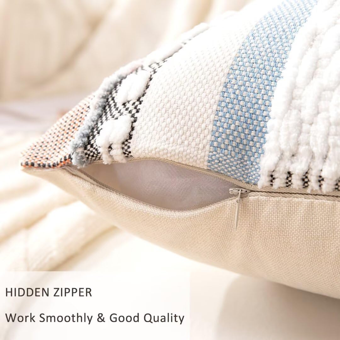 Boho Throw Pillow Covers 18x18 Set of 2 Farmhouse Decorative Cushion Case Striped Square Pillows Cover Chenille Pillow Cases Accent Neutral Pillowcase for Sofa Couch Bed,Orange-Blue